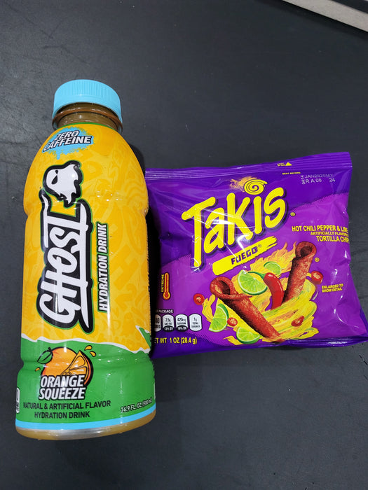 GHOST ORANGE SQUEEZE + TAKIS FUEGO  1 OZ PROMO