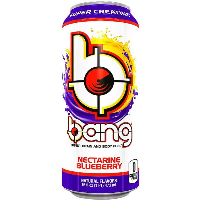 BANG ENERGY NECTARINE BLUEBERRY - A 24-count variety pack of 16 oz pink-flavored energy drinks designed to boost your energy with diverse tastes.