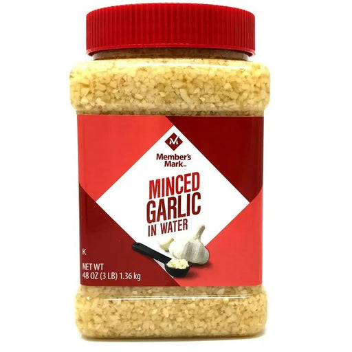 MEMBER'S MARK MINCED GARLIC IN WATER 1.36KG- Ready-to-use minced garlic for convenient cooking.