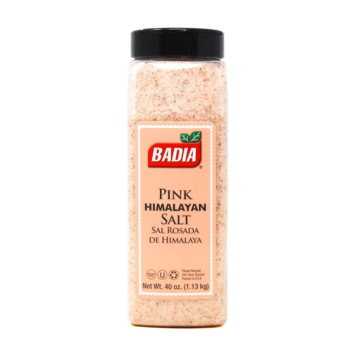 BADIA PINK HIMALAYAN SALT 40 OZ- Mineral-rich salt from the Himalayas, offering a subtle crunch and flavor enhancement.