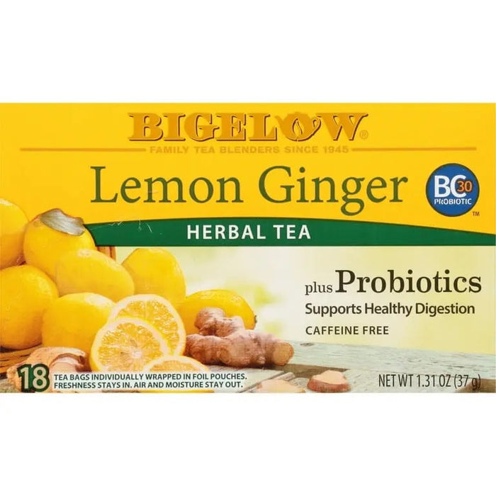 BIGELOW LEMON GINGER PLUS PROBIOTICS- Soft and soothing herbal tea infused with chamomile and vanilla.