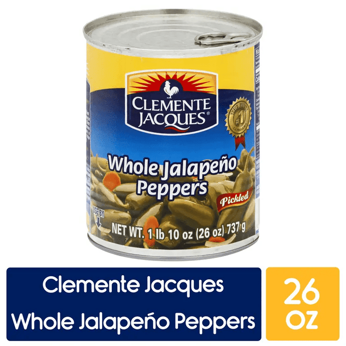 CLEMENTE JACQUE WHOLE JALAPENOS 26OZ- Pickled jalapenos, whole and spicy, adding a kick to meals and snacks.