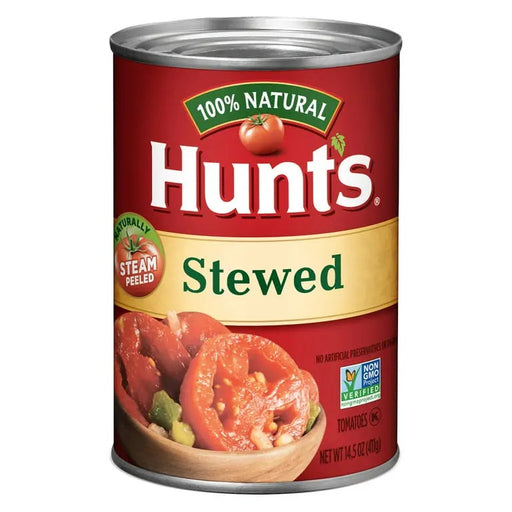 HUNTS STEWED 14.5 OZ- Stewed tomatoes, ready to add to recipes.