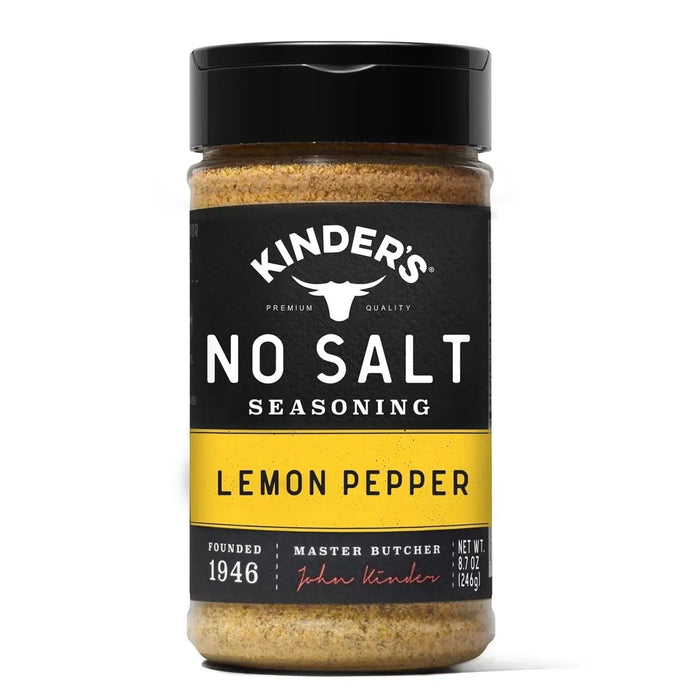 KINDERS NO SALT LEMON PEPPER 8.7 OZ- Luxurious lemon pepper seasoning without the salt.