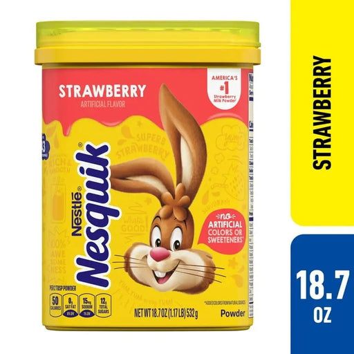 NESQUIK STRAWBERRY 18.7 OZ- Sweet strawberry-flavored milk mix, perfect for drinks and desserts in a large 18.7 oz size.