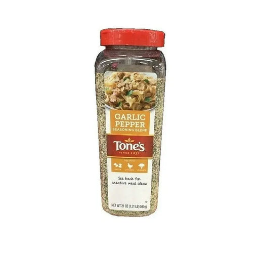 TONE'S GARLIC PEPPER 21 OZ- A blend of garlic and pepper for seasoning meats and vegetables.