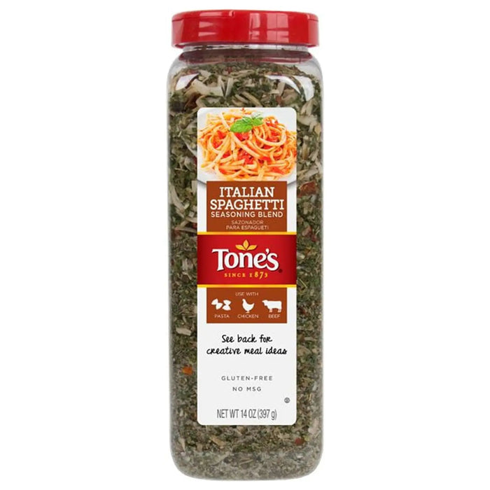 TONES ITALIAN SPAGHETTI SEASONING BLEND 14 OZ- Italian herb blend ideal for pasta sauces and Italian dishes.