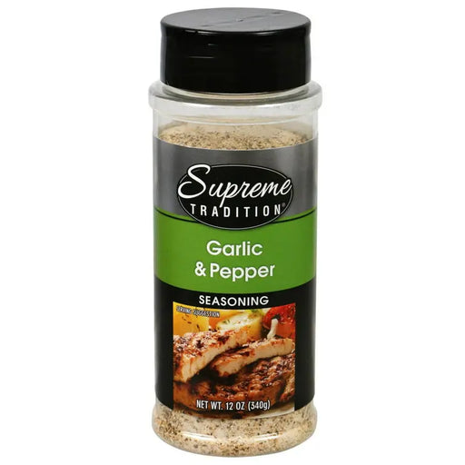 SUPREME TRADITION GARLIC & PEPPER 12 OZ- Garlic and pepper seasoning blend for enhancing flavors in any dish.