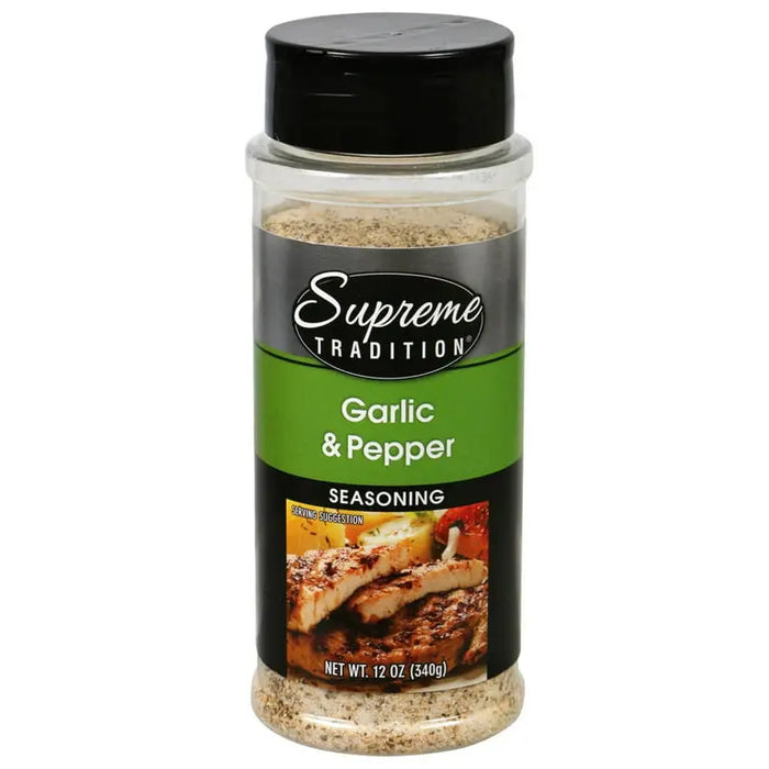 SUPREME TRADITION GARLIC & PEPPER 12 OZ- Garlic and pepper seasoning blend for enhancing flavors in any dish.